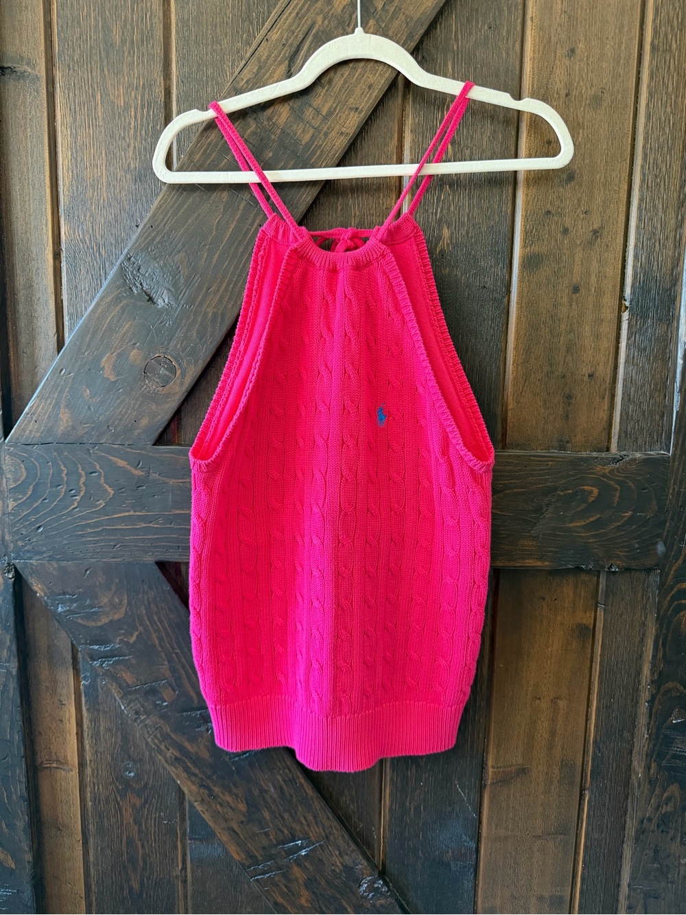 Ralph Lauren Hot Pink Cable Knit Halter Sweater Tank Keyhole Tie Back Size L